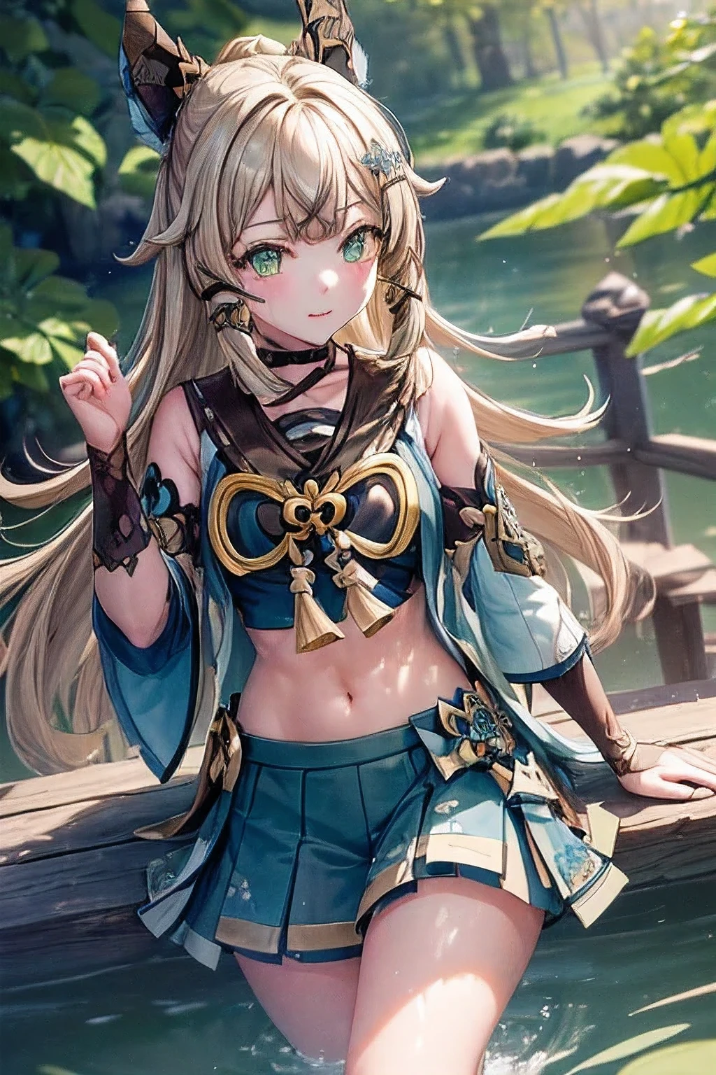 ((kiraradef)):1.5,((masterpiece,highest quality,Highly detailed images,Beautiful images))1.4(kirara images,Beautiful lake、Waist-deep in the lake、A fun pose、Bright natural light throughout、Backlight、A fantastic atmosphere、Dust flutters)1.3,(Kirara's full body image、from the front)1.1、(Ample breasts、underboob、):1.2(laugh)1.1