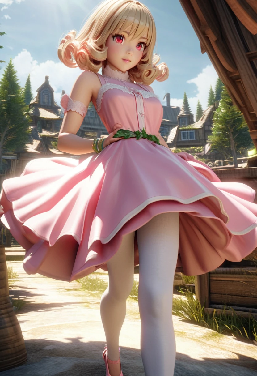 3d anime, vampire girl, with detailed red eyes, curly blonde hair, wearing a short pink dress with white details, standing with one hand on her waist, green bracelet on the arm that is around her waist, wearing pink high heels, detailed white tights , with a house in the background with many trees around, scene slightly taken over by nature but at the same time arranged by humans, photorealistic, 8k, ultra hd, in focus, hyperdetailed, hyperrealism, unreal engine, beautiful, sharp focus, perfect face