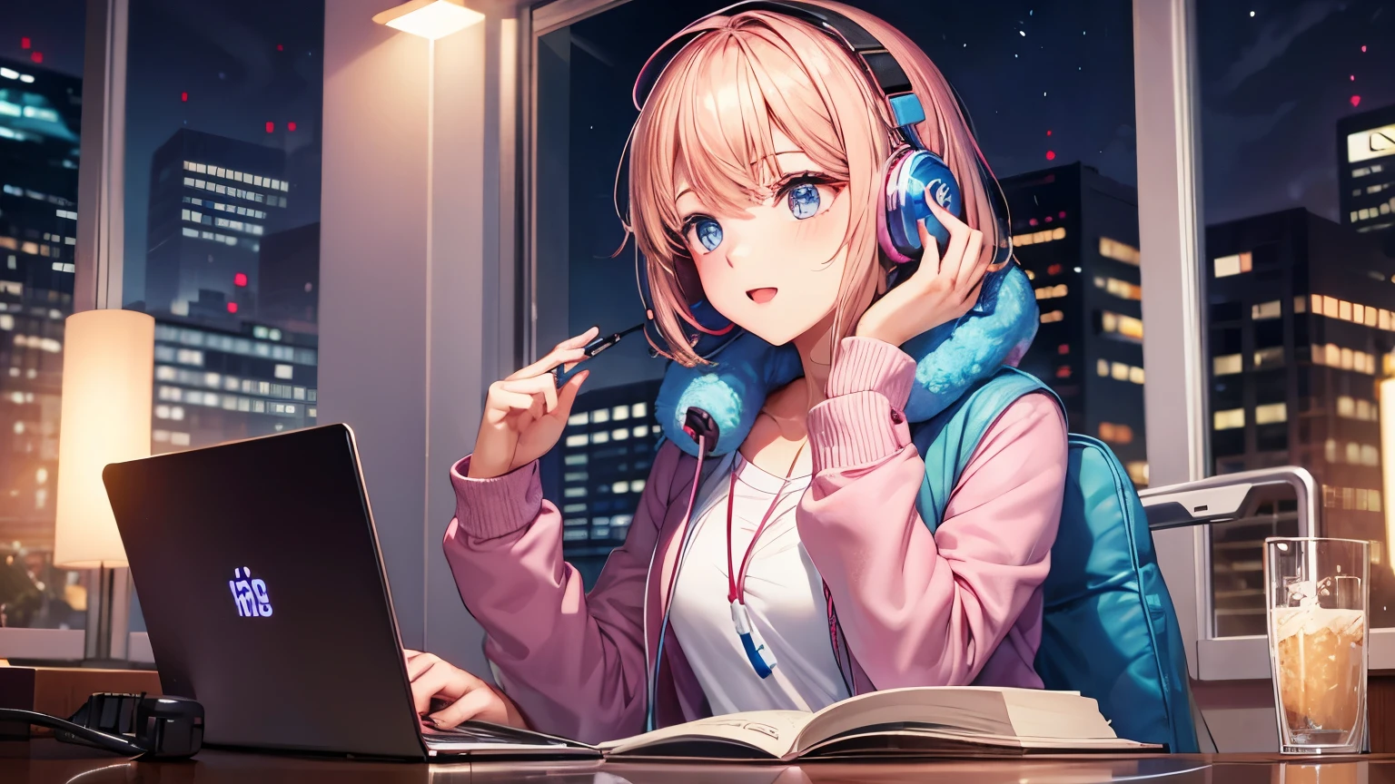 girl　night　study　headphone