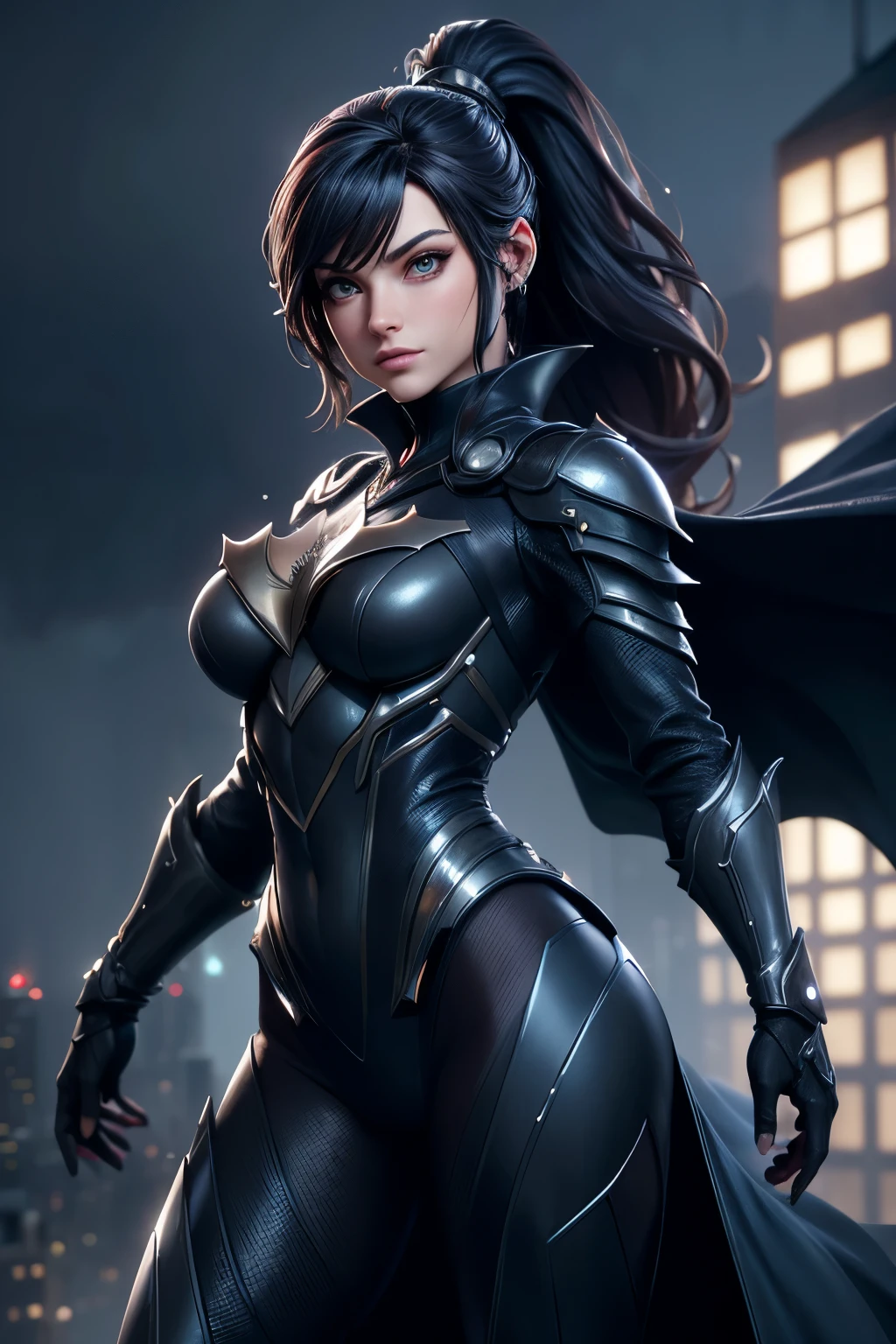 Best quality,4K,8k,high resolucion, tmasterpiece:1.2, Ultra-detailed, Realstic:1.37, illustration, futuriste, haute technologie, metallic, high detailed suit, Advanced Cybernetic Combination, Kristin Kreuk avec ponytail et des yeux verts, dressed up as Batman from DC Comics, dark atmosphere, intense illumination, Insigne de chauve-souris sur la poitrine, ceinture utilitaire avec gadgets, Masque aux yeux brillants, Detailed Muscle Definition, Finition brillante, sharp edges, Stylish design, Mysterious setting, Rain pouring in the background, Flou de mouvement, Tons de couleurs sombres, ombres intenses, Skyline de la ville au loin, Building rooftops, Simulated Raindrops, Reflection on the costume, Rivets et coutures, une forme physique extraordinaire, Position puissante, action pose, Physique impressionnant, Iconic cape that flows dramatically, Heroic Vibes, Imposing presence