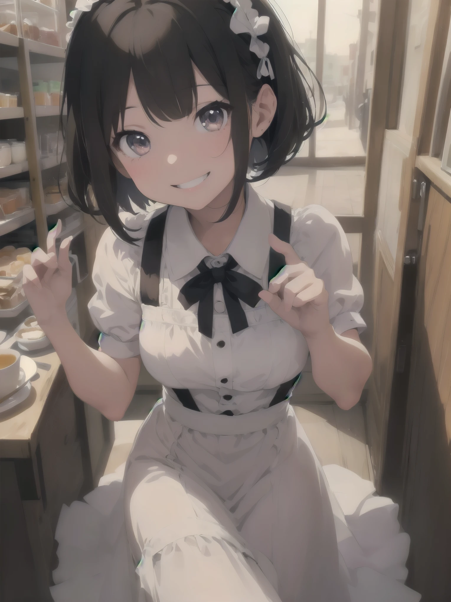 Masterpiece, top quality, super detailed, 16k, Kawaii, pastel colours, soft light, watercolour, small super cute girl, bob cut braided ribbon, maid, simple maid outfit with long skirt type, cute illustration, classical type cafe, smiling , acting mocking gesture to viewer
