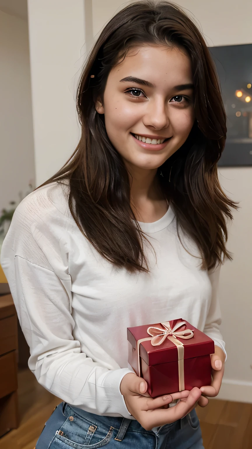  18 years old woman offering a gift, she is smiling, Hyper realistic
