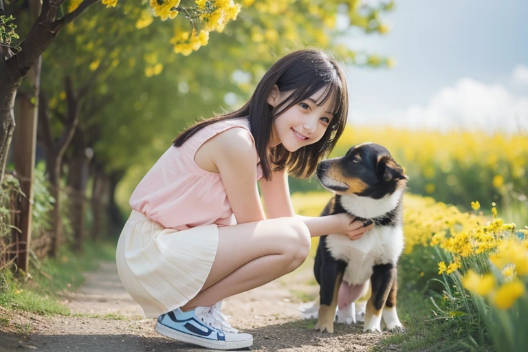 Highest quality,Very attractive with a backpack, (((Crouching and playing with a cute puppy))), Enjoy a lovely spring outing surrounded by beautiful yellow flowers and natural scenery. 1 girl,Cute face,smile,Mini skirt dress,Pink sneakers,The illustrations are in high resolution with 4K resolution., 12 year old girl with highly detailed facial features,Perfect hands,Perfect legs,I can see my thighs,