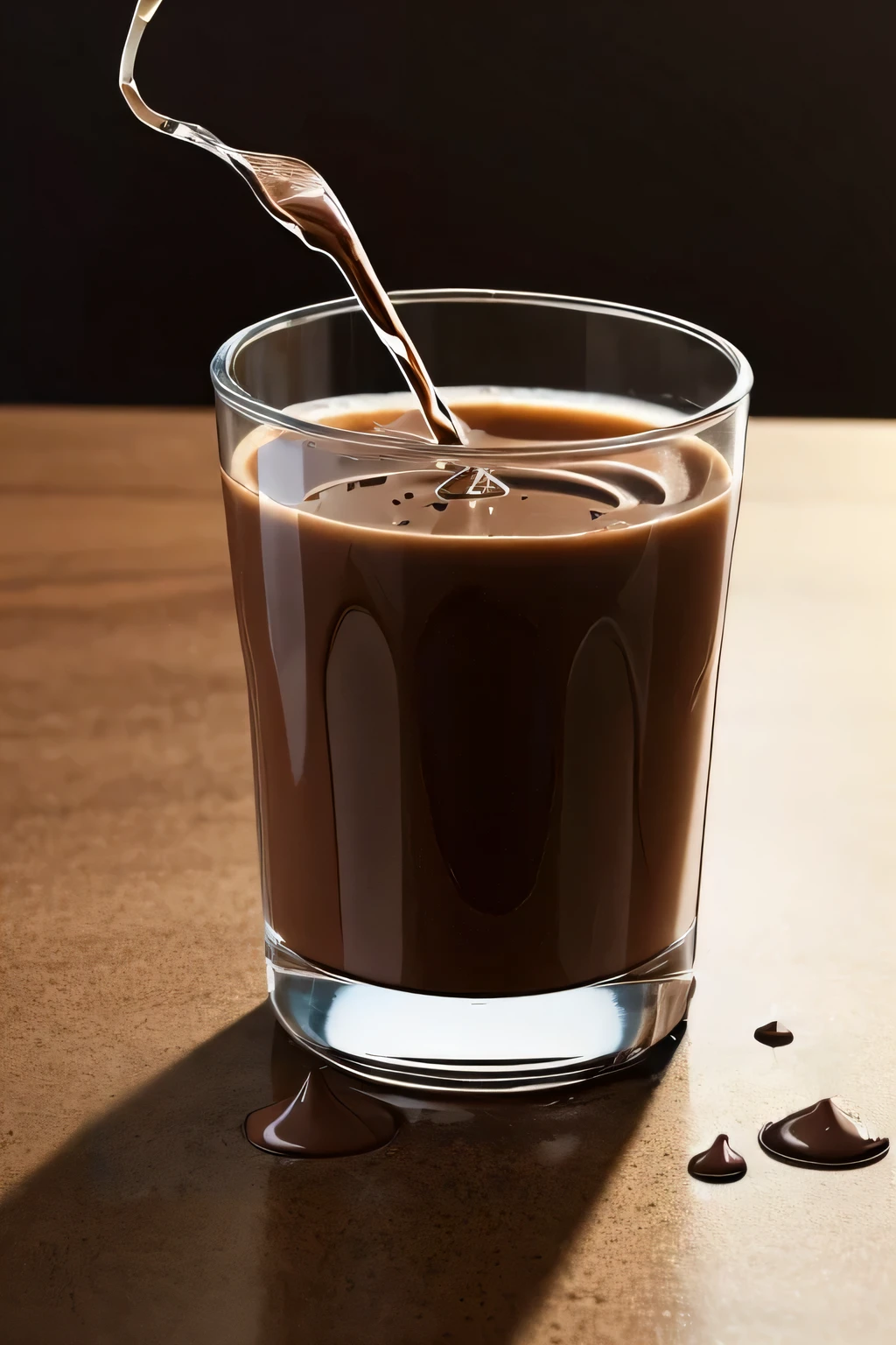 glass, chocolate milk, spill, splash, realistic photo, still life, tasty, high quality photo, no human, plain background