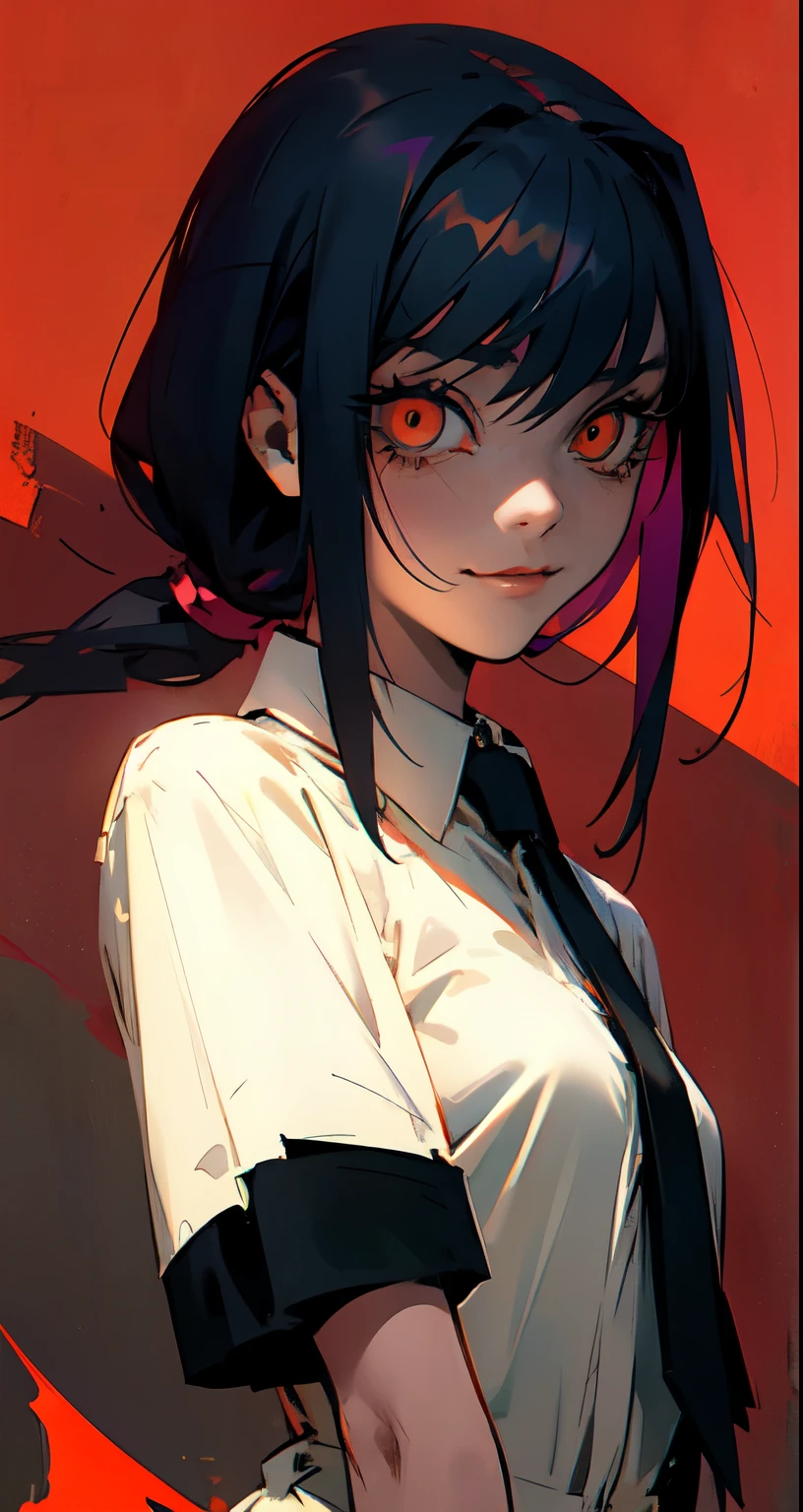 Chica de anime, sarcastic smile,ojos rojos brillantes,los dientes, Arte detallado del anime digital, yandere intrincado, camisa negra, corbata roja, perfil,Gapmoe yandere, Dientes babeantes descubiertos, yandere, Arte de anime limpio y meticuloso, cinematic dark background,Gapmoe yandere Grimdark, Arte detallado del anime, por Kamagurka, Cara de anime enojada altamente detallada, Retrato Gapmoe yandere Grimdark, horror!! Altamente detallado