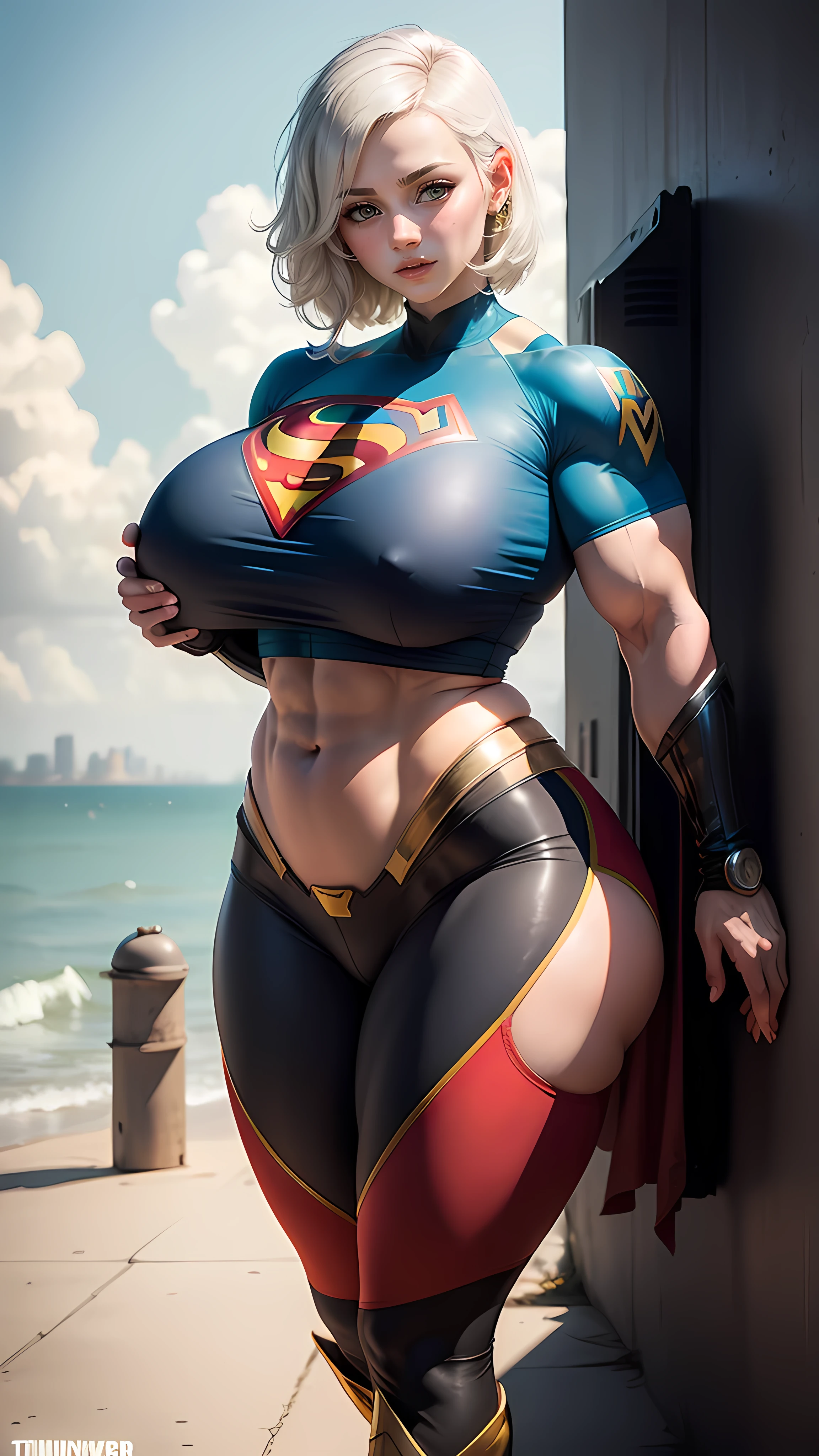 8k hd,ultra detailed,realistic, fantasy art,gwen tennyson,y'shtola rhul,yorha 2b, tracer,nier automata,overwatch,close up,mecha pilot,ocean view,((((massive female bodybuilder)))), ((((huge breasts)))), NSFW, tattoos,blue and red plugsuit,red short sleeve lycra top,blue lycra leggings,uncovered belly,short hair,cute makeup,green eyes,dimensional silver hair,shy smile,freckles,wonder woman,supergirl, golden armor,city harbor,pilot uniform,ear piercings,hair pin,short sleeve pilot jacket,thigh high boots,wet shirt,