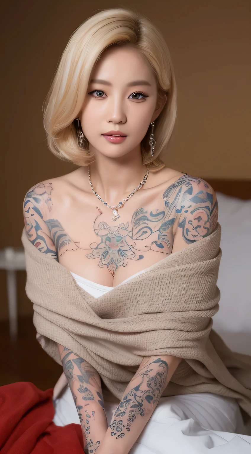 ((Best quality, 8k, Masterpiece :1.3)), Sharp focus :1.2, Korean sexy women. 36year's old. ((Sexybarby))Angled blonde bob. Jewellery. Earrings. Necklace ((Wrapped in a blanket. Bare shoulder))Sitting woman passionate about sex. On bed°seductive figure, Charming, voluptuous, Skinny, slim.skinny, Small ches, Perfect chest((Detailed texture of tattooed skin))