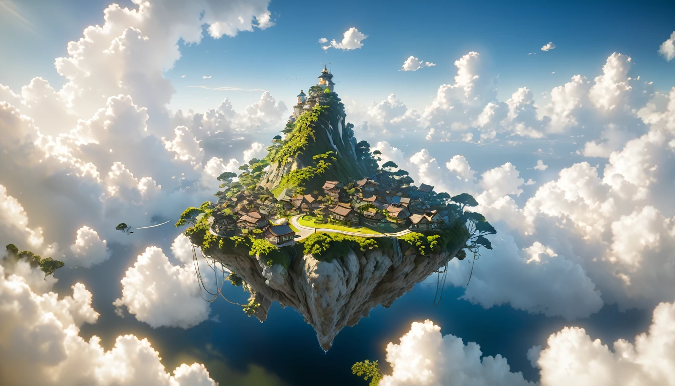 （An island floating in the sky：1.6），（Countless cities floating in the air：1.6），（Fantasy Painting：1.3）City in the Clouds，Cottages，Miyazaki's painting style，Shinkai style，Countless white clouds，Flying Human，（（Best quality）），（（masterpiece）），（Very detailed：1.3）， 3D， ，HDR（High Dynamic Range），Ray Tracing，NVIDIA RTX，Super Resolution，Unreal 5，Subsurface scattering，PBR Textures，Post-Processing，Anisotropic filtering，Depth of Field，Multi-layered textures for maximum clarity and sharpness，Albedo and Specular Maps，Surface Shading，Accurately simulate the interaction of light and materials，Perfect proportions，Octane Rendering，Two-tone lighting，Low ISO，White Balance，Rule of Thirds，Large aperture，8K Native，High-efficiency sub-pixel，Sub-pixel convolution，Glowing particles，
