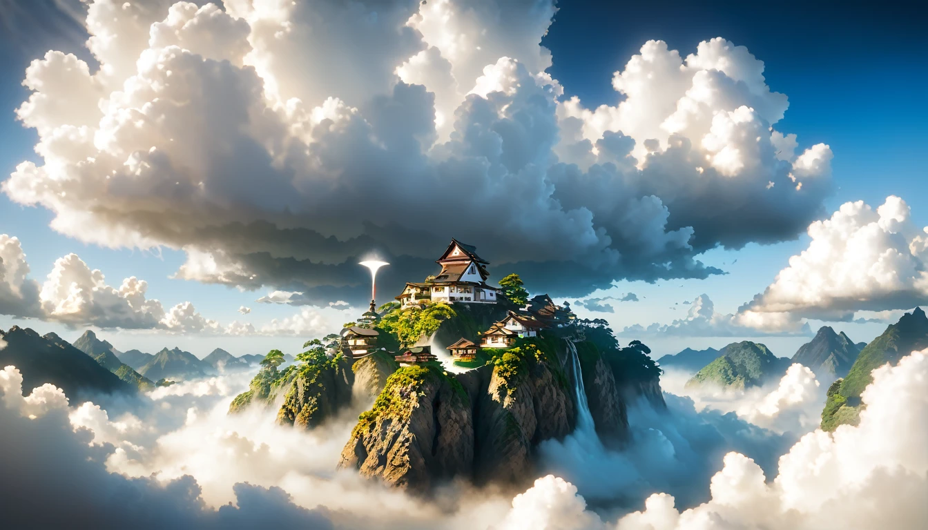 （An island floating in the sky：1.6），（Countless cities floating in the air：1.6），（Fantasy Painting：1.3）City in the Clouds，Cottages，Miyazaki's painting style，Shinkai style，Countless white clouds，Flying Human，（（Best quality）），（（masterpiece）），（Very detailed：1.3）， 3D， ，HDR（High Dynamic Range），Ray Tracing，NVIDIA RTX，Super Resolution，Unreal 5，Subsurface scattering，PBR Textures，Post-Processing，Anisotropic filtering，Depth of Field，Multi-layered textures for maximum clarity and sharpness，Albedo and Specular Maps，Surface Shading，Accurately simulate the interaction of light and materials，Perfect proportions，Octane Rendering，Two-tone lighting，Low ISO，White Balance，Rule of Thirds，Large aperture，8K Native，High-efficiency sub-pixel，Sub-pixel convolution，Glowing particles，
