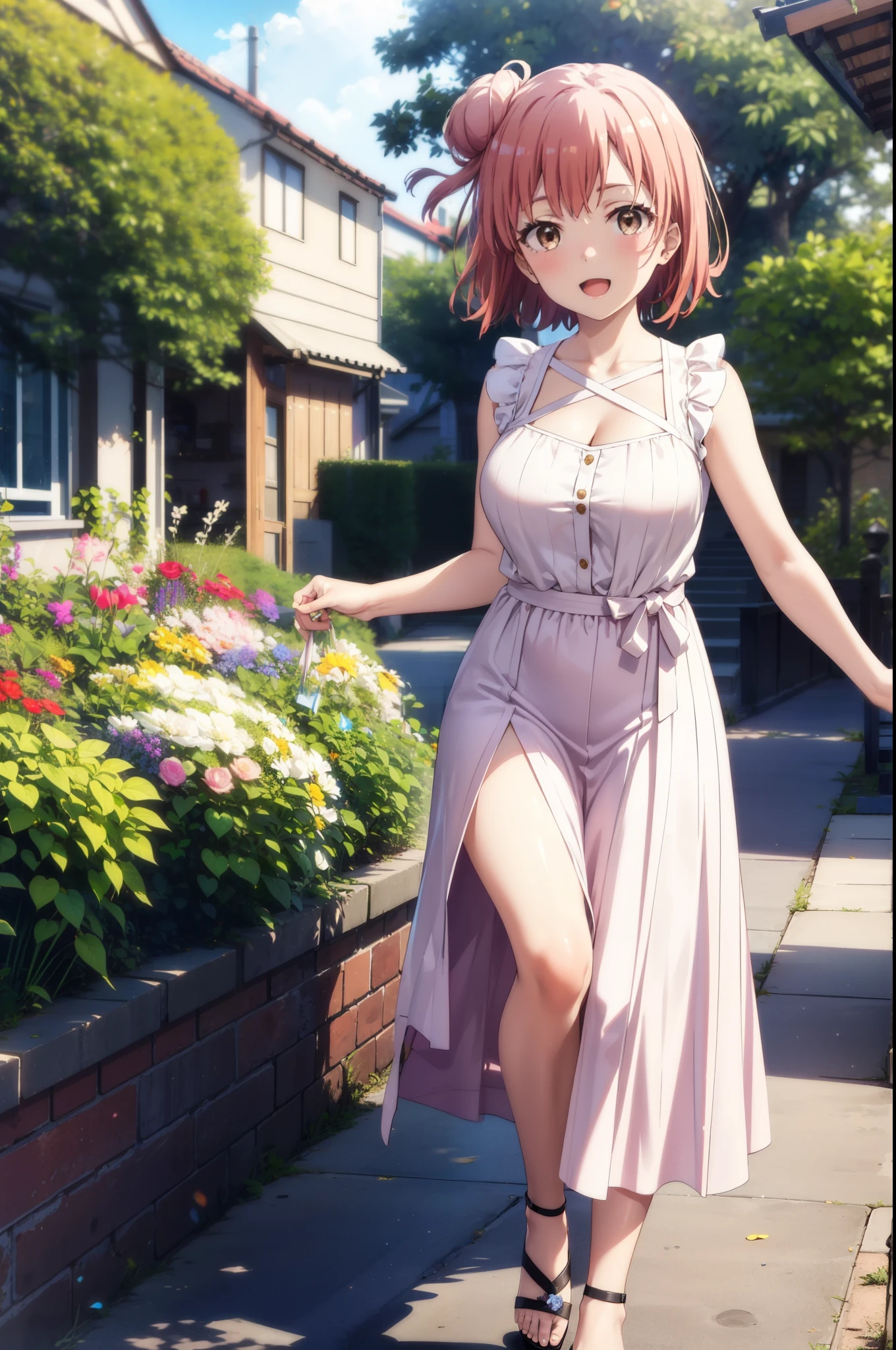 yuiyuigahama, yui yuigahama, short hair, (Brown eyes:1.5), (Pink Hair:1.2), Hair Bun, single Hair Bun, smile, (Big Breasts:1.2),happy smile, smile, Open your mouth,
, Sleeveless pink dress,Pink long skirt,Cute Sandals,walking,Real Summer,Daytime,sunny,whole bodyがイラストの中に入っていくように,
break outdoors ,garden, break looking at viewer, whole body,
break (masterpiece:1.2), highest quality, High resolution, unity 8k wallpaper, (shape:0.8), (Beautiful and beautiful eyes:1.6), Highly detailed face, Perfect lighting, Extremely detailed CG, (Perfect hands, Perfect Anatomy),
