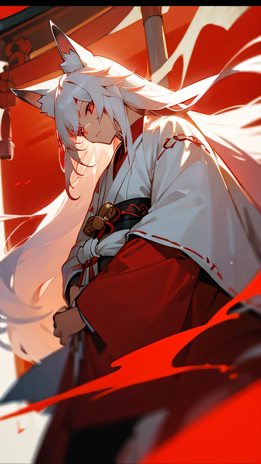 (boy, white long straight hair, fox ears, crimson red eyes, two white fox tails, traditional Japanese shrine outfit)