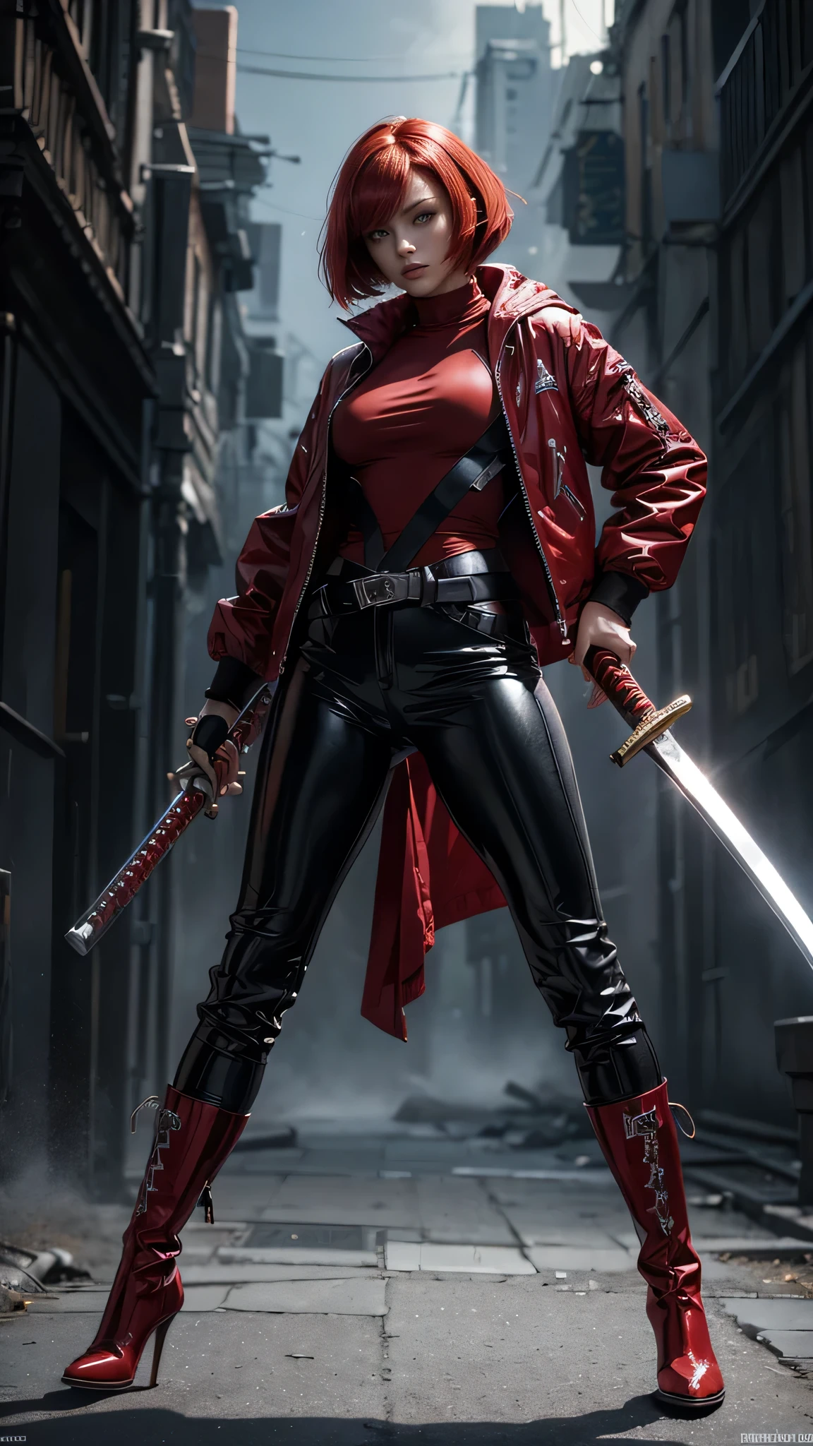 masterpiece, best quality, ultra detailed, high resolution, digital art, image of a woman, red hair, bob cut, wearing open jacket, silver color, with bandages, and a shiny silver latex form-fitting trousers, red boots, wielding a huge katana, posing, cinematic low shot, wide angle, volumetric lighting.