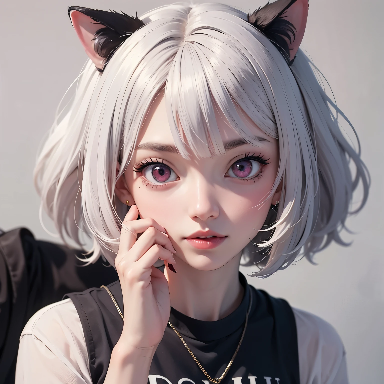 ((best quality)), ((masterpiece)), (detailed), perfect face. White hair. Short hair. Anime girl. Asian girl. Nekomimi. Ulzzang. Pink eyes. Glowing eyes. T-shirt.