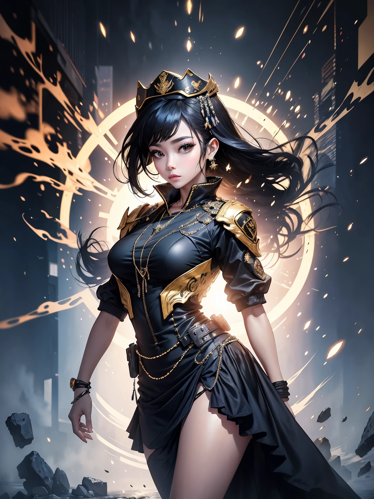 mulher em um vestido dourado parada em um corredor, estilo jacky tsai, soldados humanos, pistolas, inspirado em Tang Sin Yun Sandara, shot in anamorphic lenses, sindicato(2012), beauty pageant rendering, biblioteca de babel, loira ltda, elementos de prata dourada, segurando uma arma --ar 16:9