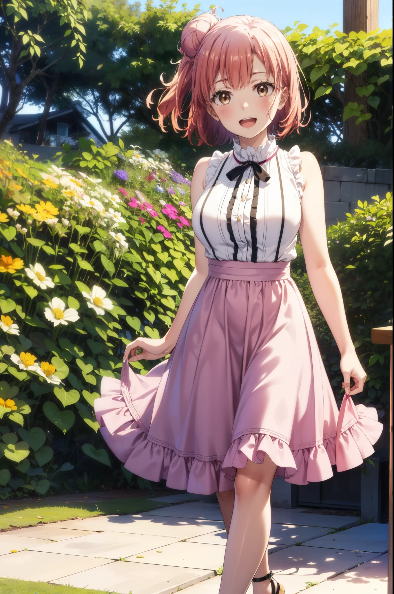 yuiyuigahama, yui yuigahama, short hair, (Brown eyes:1.5), (Pink Hair:1.2), Hair Bun, single Hair Bun, smile, (Big Breasts:1.2),happy smile, smile, Open your mouth,
, Sleeveless pink dress,Pink long skirt,Cute Sandals,walking,Real Summer,Daytime,sunny,whole bodyがイラストの中に入っていくように,
break outdoors ,garden,　　　　　　　　　　　　　　break looking at viewer, whole body,
break (masterpiece:1.2), highest quality, High resolution, unity 8k wallpaper, (shape:0.8), (Beautiful and beautiful eyes:1.6), Highly detailed face, Perfect lighting, Extremely detailed CG, (Perfect hands, Perfect Anatomy),