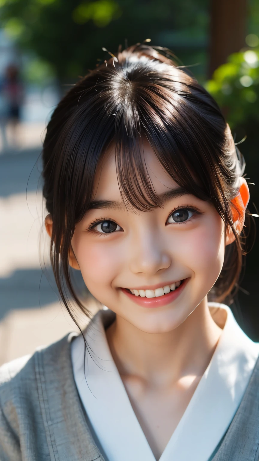 lens: 135mm f1.8, (highest quality),(RAW Photos), (Tabletop:1.1), (Beautiful Japanese Girl), Cute face, (Deeply chiseled face:0.7), (freckles:0.4), dappled sunlight, Dramatic lighting, (Japanese School Uniform), (On campus), shy, (Close-up shot:1.2), (smile),, (Sparkling eyes)、(sunlight)