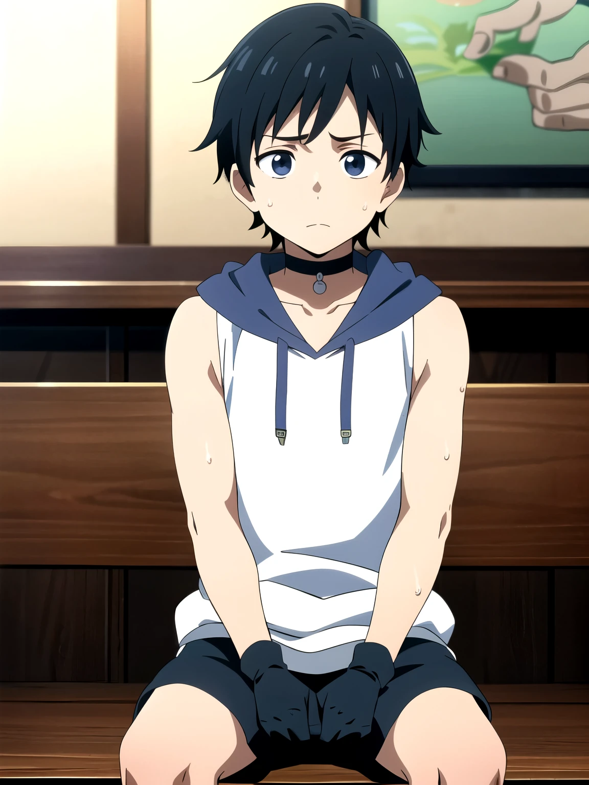 Highres, Masterpiece, Best quality at best,Best Quality,hight quality, hight detailed, 1boy, Boy,Fluffy hair, Side bangs, Shota, Sweat, Sleeveless hoodie, Choker, Glove, Collarbone, Depth of field, Anime screencap style, thin line, Sitting on the chair, Seen from the front, Little sweat, Kpop, Cute boy, (very small and short stature), (very young boy), 12-year-old boys, Blurry and simple beckground, bokeh, Uhd