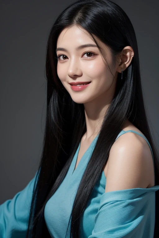 avatar,Reality,Black long hair,woman,Expression smile,Half-length figure,ear