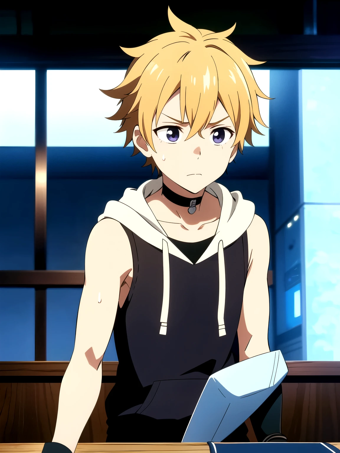 Highres, Masterpiece, Best quality at best,Best Quality,hight quality, hight detailed, 1boy, Boy,Fluffy hair, Side bangs, Shota, Sweat, Sleeveless hoodie, Choker, Glove, White sleeve, Collarbone, Depth of field, Anime screencap style, thin line, Sitting on the chair, Seen from the front, Little sweat, Kpop, Cute boy, (very small and short stature), (very young boy), s, Blurry and simple beckground, bokeh, Uhd