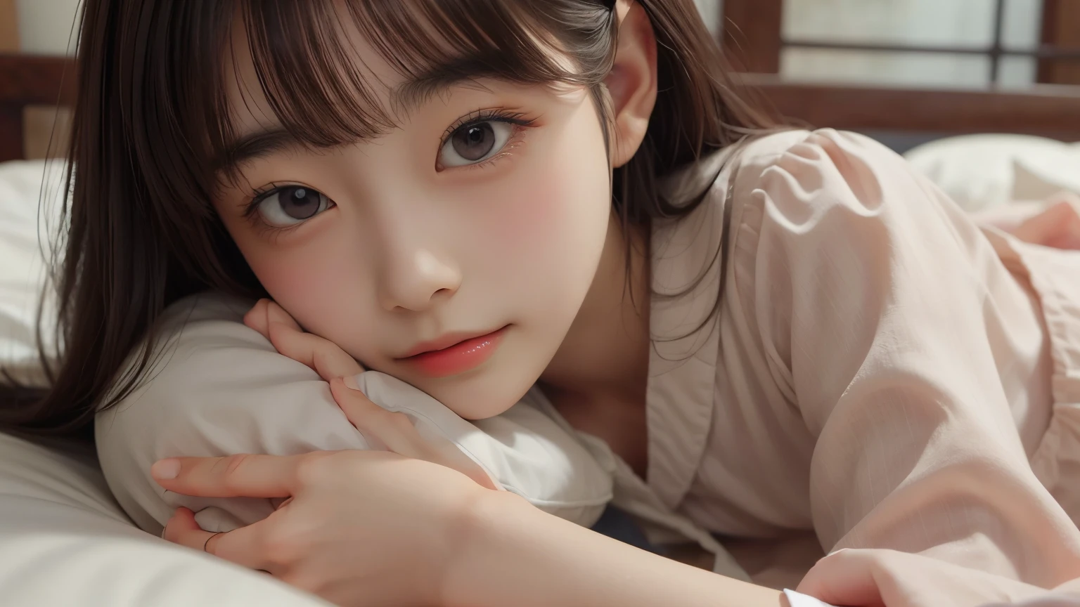 detailed face, cute face,brown eye, master piece , best quality , (girl) , japanese , (sleeping on one's side) , from front , blouse , skirt