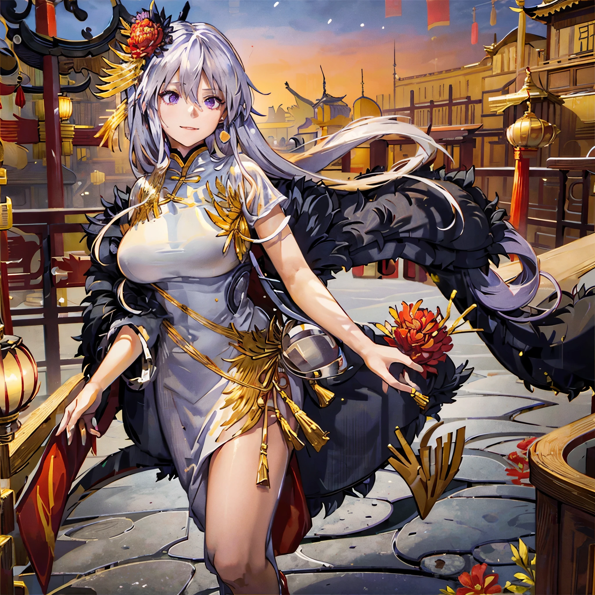 A woman wearing white traditional female Chinese costume with gold details, red heels, long silver hair, purple eyes, red flower in her hair, golden bow in her hair, wearing a black fur cape, walking in a traditional Chinese garden, smiling, big breasts, Chinese houses in the background, place at night, lighting with traditional Chinese lamps, full body, surrealism, drop shadow, anaglyph, stereogram, tachi-e, pov, atmospheric perspective, surrealism, flower, 8k, superdetail, accurate, best quality, UHD, anatomically correct, textured skin, high quality. (solo woman)
