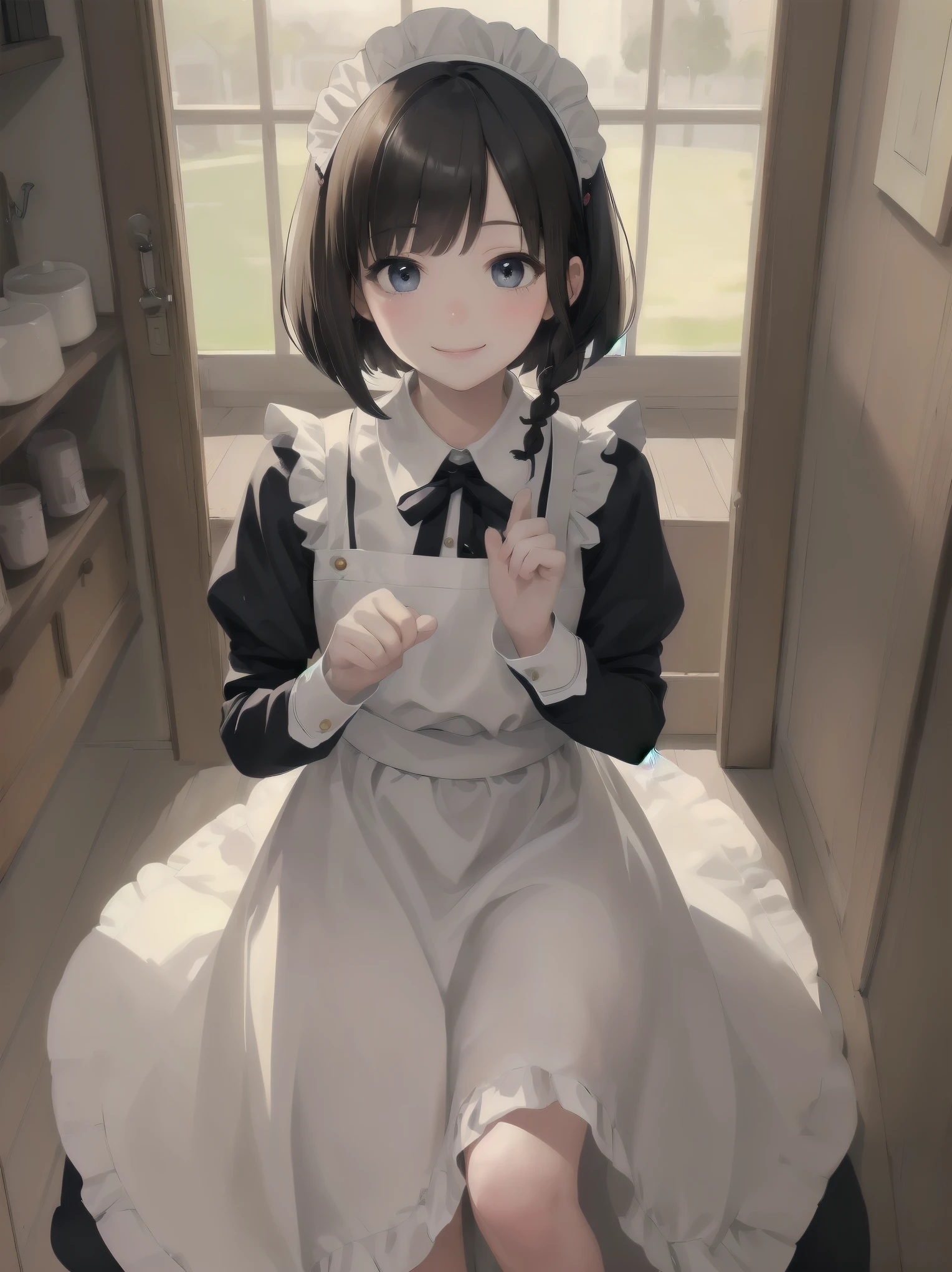 Masterpiece, top quality, super detailed, 16k, Kawaii, pastel colours, soft light, watercolour, small super cute girl, bob cut braided ribbon, maid, simple maid outfit with long skirt type, cute illustration, classical type cafe, smiling , acting mocking gesture to viewer