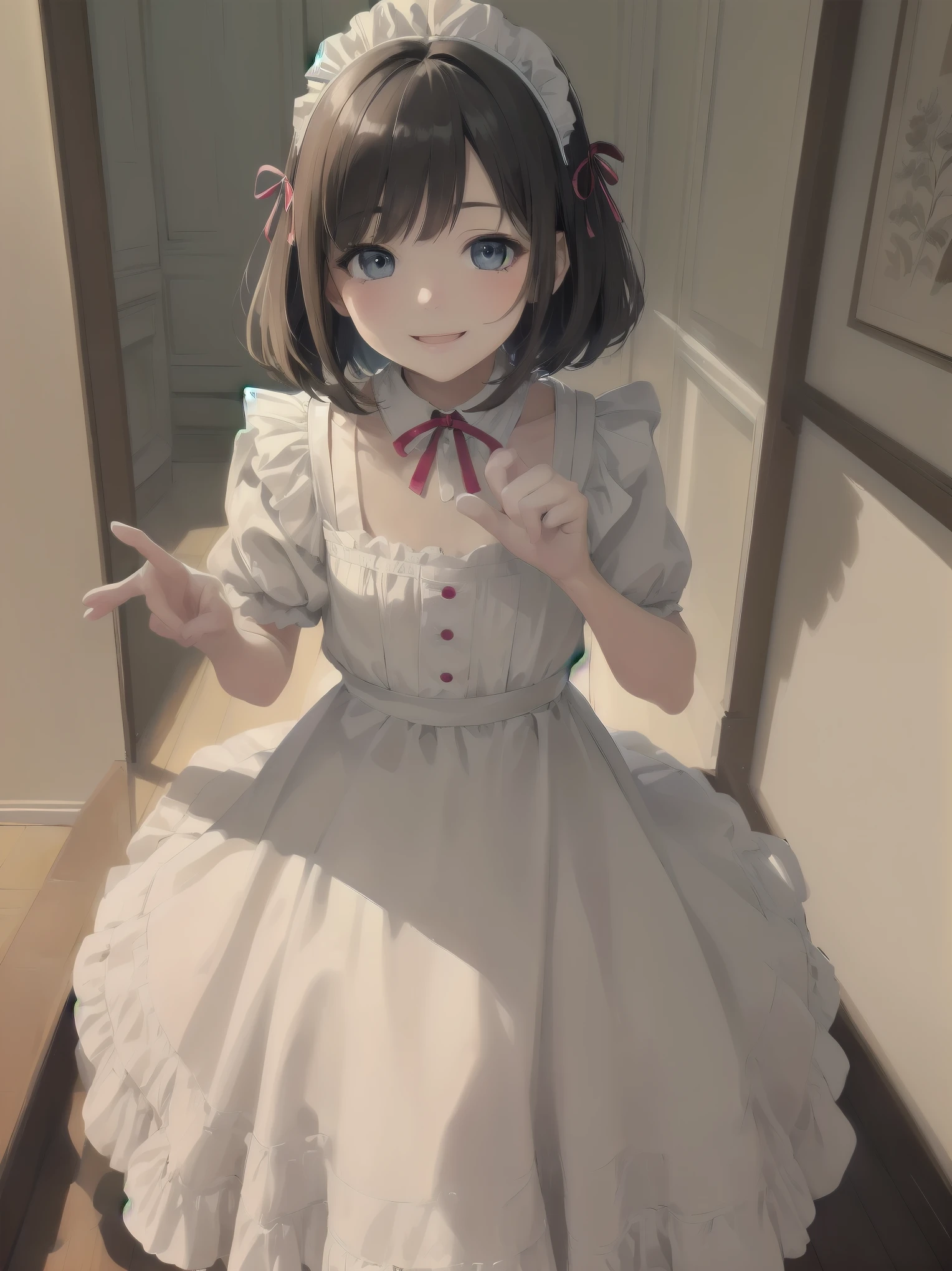 Masterpiece, top quality, super detailed, 16k, Kawaii, pastel colours, soft light, watercolour, small super cute girl, bob cut braided ribbon, maid, simple maid outfit with long skirt type, cute illustration, classical type cafe, smiling , acting mocking gesture to viewer

