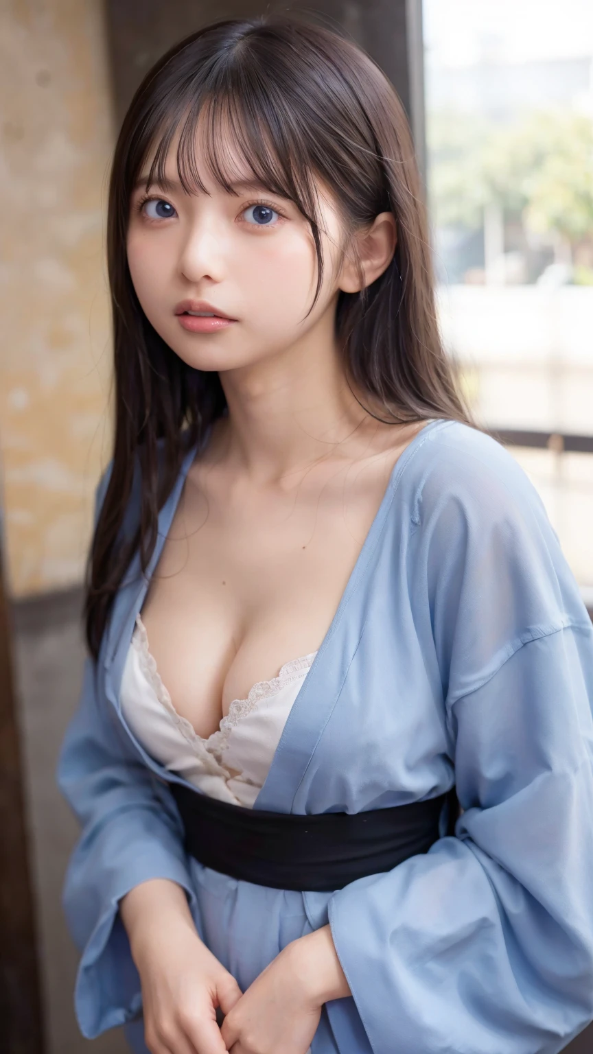 8K quality、High definition、Realistic skin texture、High definitionの瞳、Woman giving a blowjob、、Princess hair、slender、Realistic female genitalia、Small and young breasts、Realistic tongue、Beautiful cleavage、Gray Hair、Blue Eyes、Thin legs、Sweating profusely、Sweat in the chest、Wet vagina、Woman in pink yukata、Yukata removed up to the shoulders