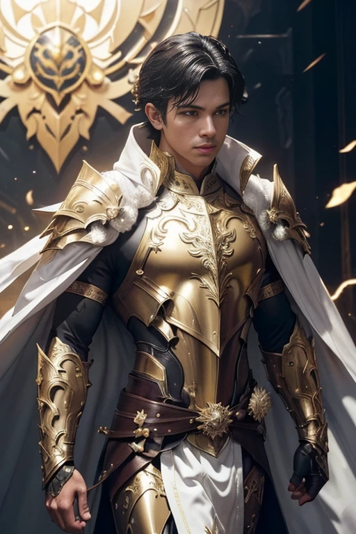 (master piece:1.5), (best quality:1.5), (exquisite lighting and shadow, highly dramatic picture, cinematic lens effect) (Photorealistic picture) highly detailed, realistic, cinematic lighting, studio quality, 8k, wallpaper, dynamic pose, anatomy correct, epic fantasy digital art, Epic composition, full body short black hair pale Male paladin wearing a white leather armor, shiny white intricate elaborated plate chest with gold lightnings accents small shoulder white armor with gold lightnings ornaments, white plate gauntlets with gold lightnings ornaments, no helmet, long white cape with gold lightnings ornaments, bright sunny day, great gold palace at the distance