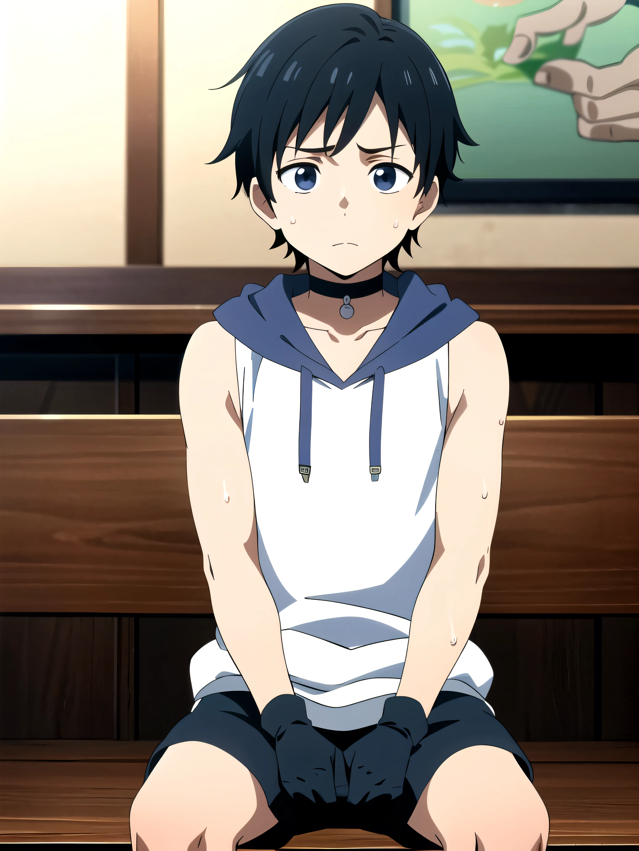 Highres, Masterpiece, Best quality at best,Best Quality,hight quality, hight detailed, 1boy, Boy,Fluffy hair, Side bangs, Shota, Sweat, Sleeveless hoodie, Choker, Glove, Collarbone, Depth of field, Anime screencap style, thin line, Sitting on the chair, Seen from the front, Little sweat, Kpop, Cute boy, (very small and short stature), (very young boy), s, Blurry and simple beckground, bokeh, Uhd