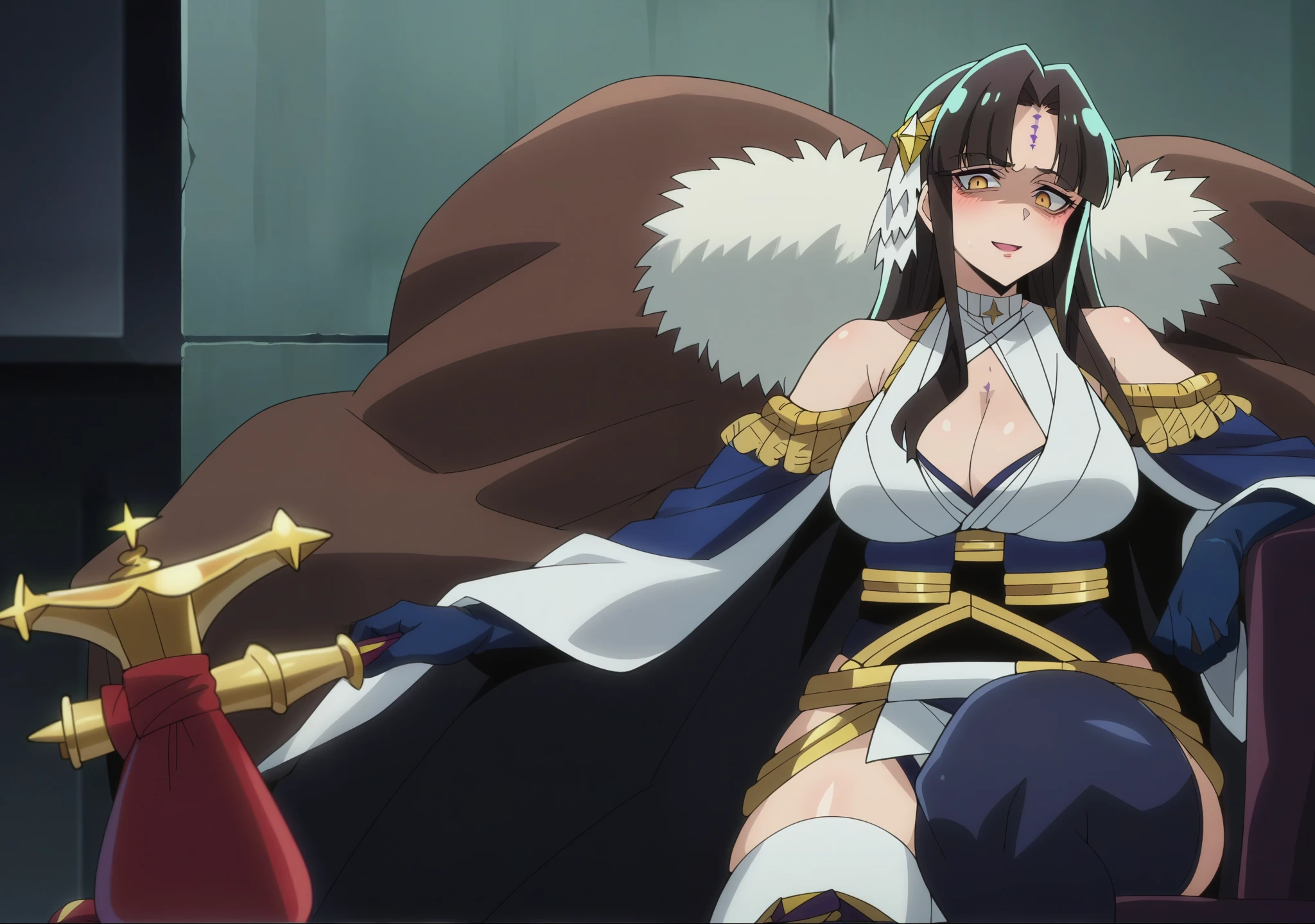 score_9, score_8_up, score_7_up, source_anime, michikotanaka, michiko tanaka, long hair, black hair, yellow eyes, facial mark, forehead mark, michiko_tanaka_mahoushoujoniakogarete, anime_style, (long hair, black hair:1.3), forehead, forehead mark, hair ornament, muscular female, anatomically correct, mature female, curvy, heavy breathing, gloves, thighhighs, elbow_gloves, white_legwear, 1girl, cleavage, thighs, hood, swimsuit, red_footwear, blush, christmas, smile, bikini, looking_at_viewer, red_gloves, character_doll, fur_trim, striped, thick_thighs, sack, ribbon, bare_shoulders, anime coloring, anime screencap, hair ornament, (shaded face:1.2), yellow eyes, drunk, blush, forehead mark, makeup, open mouth, upper teeth,