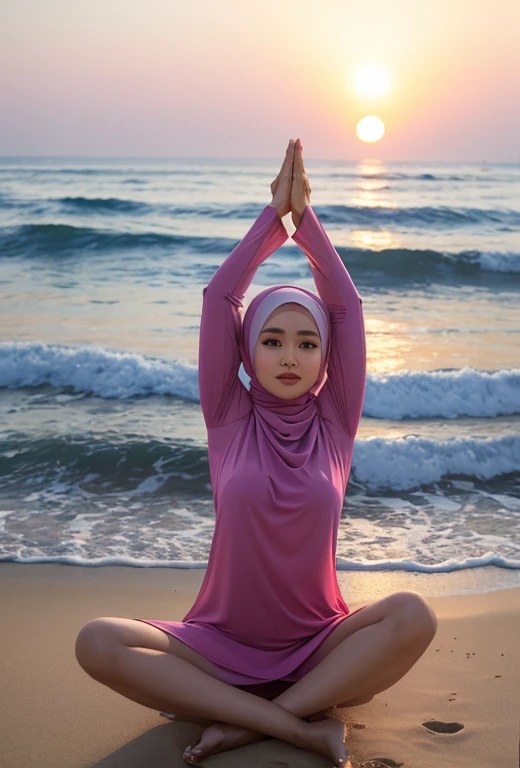 an indonesian hijab goddess in a hijab dress perform a yoga pose on the beach, enjoy the moment and sunset, fluid movement, detailed detail, show the wind blowing her hijab and clothes, real skin texture, realistic picture