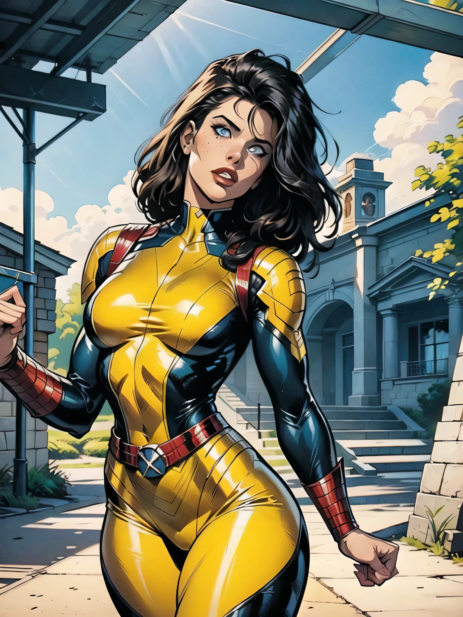 A woman, black hair, hair with bangs, 90's x-men uniform, outside, Marvel art style, comic, blue eyes, some freckles, dark yellow spandex, red accent