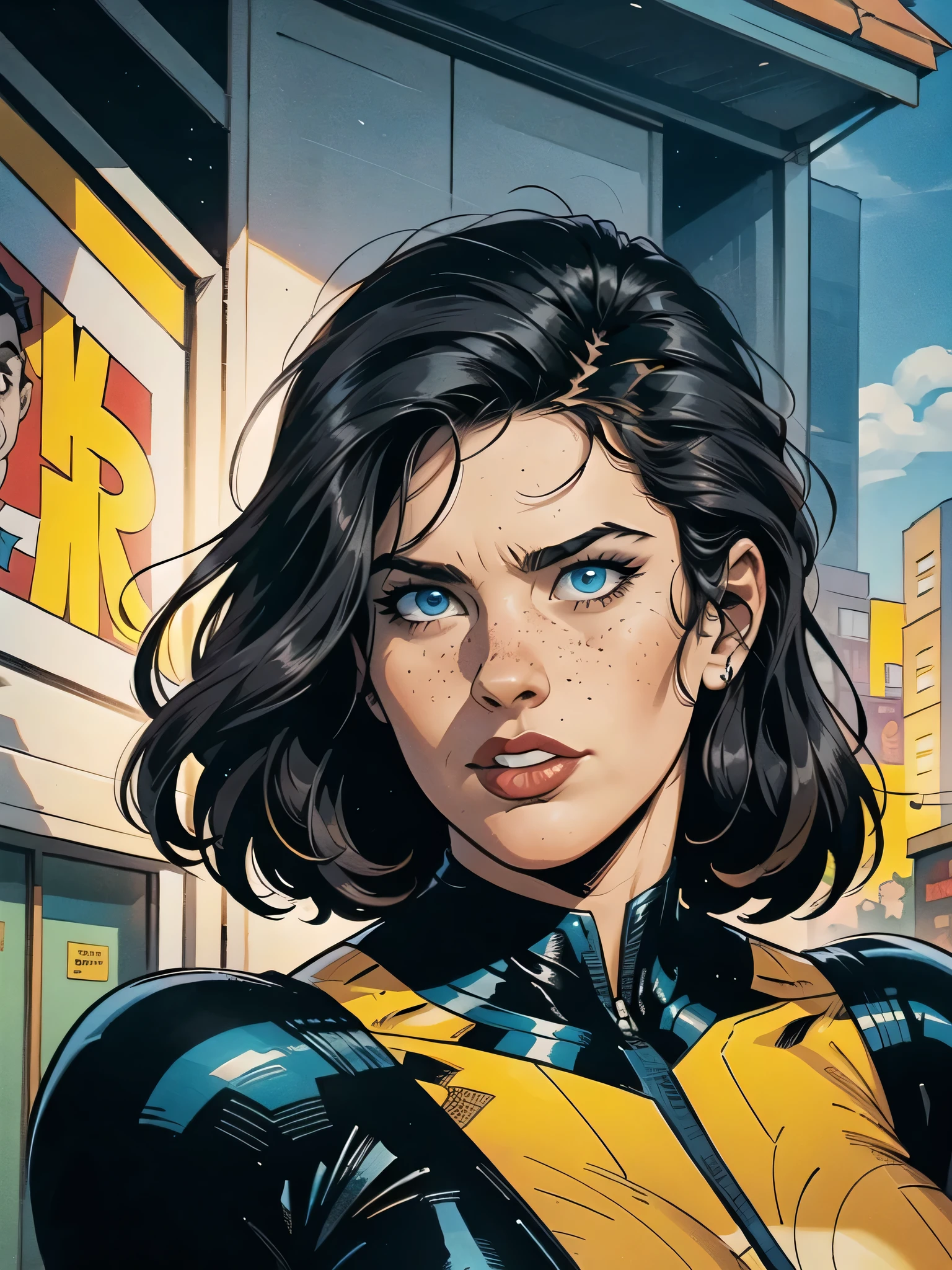 A woman, black hair, hair with bangs, 90's x-men uniform, outside, Marvel art style, comic, blue eyes, some freckles, dark yellow spandex, red accent