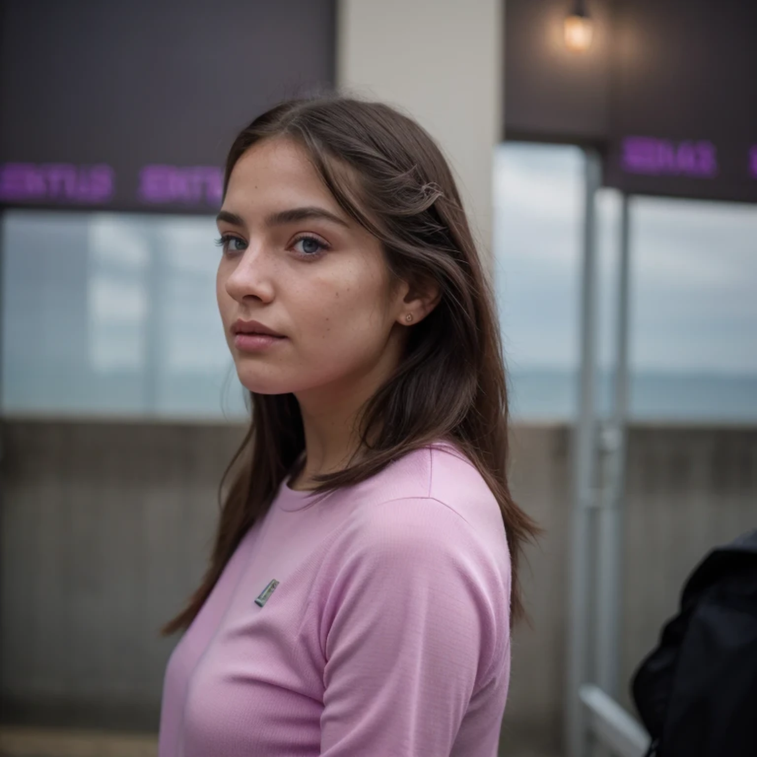 photo of a college student, in Purple Pink, futuristic space suit, (freckles:0.8) cute face, sci-fi, dystopian, detailed eyes, Heterochromia eyes（（Side view））