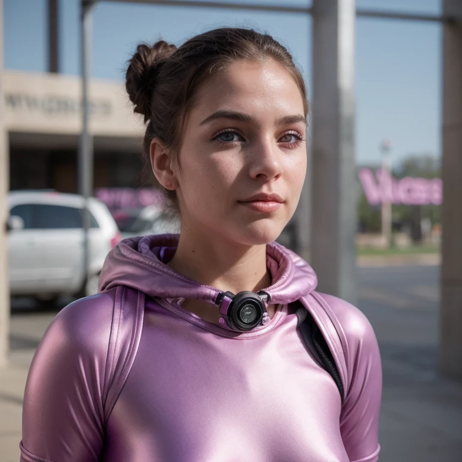 photo of a college student, in Purple Pink, futuristic space suit, (freckles:0.8) cute face, sci-fi, dystopian, detailed eyes, Heterochromia eyes((Side view))