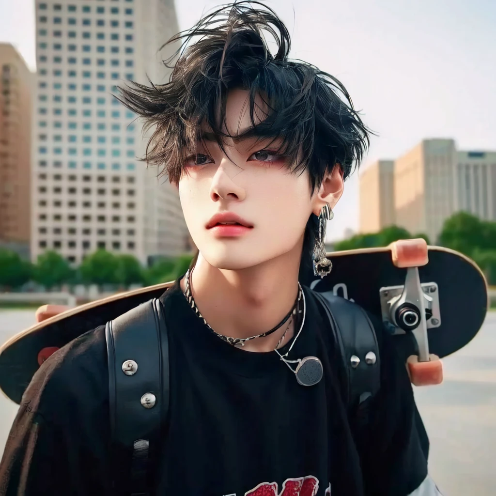 young man with a skateboard and a camera in his hand, cai xukun, pintar ulzzang, inspirado em Bian Shoumin, Jinyoung Shin, hyung tae, menino tem cabelo preto curto, adorable and pale korean face, Jinyoung Shin aesthetic, Kim Doyoung, Hong junho hyung, Jungkook, Retrato de Jossi do Blackpink, Yanjun Chengt, bts v, bts, kim taehyung, kpop boy, korean male face