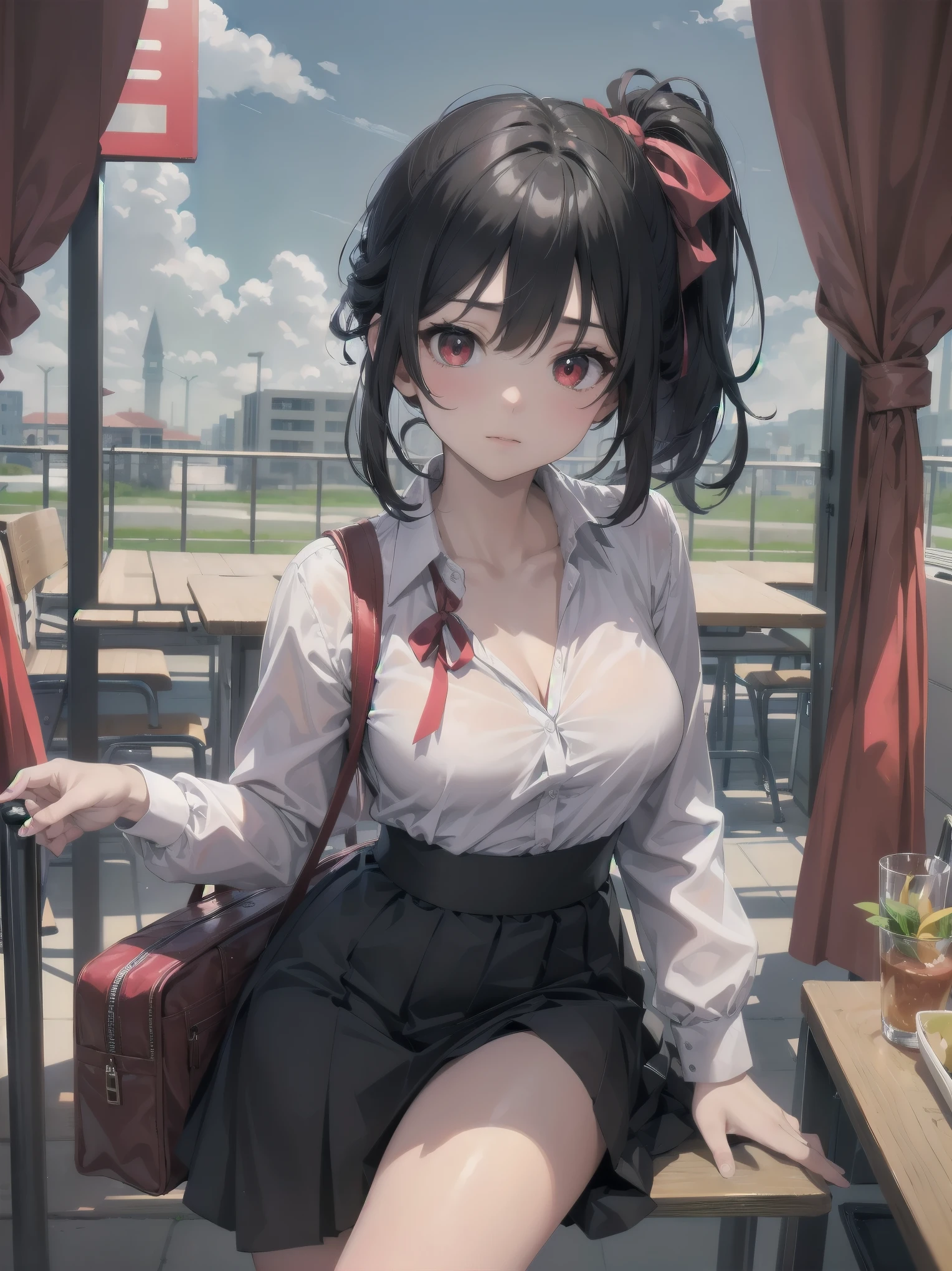 Masterpiece, top quality, super detailed, 16k, One girl, spring, high school, warm colors, school bag, accurate and highly detailed background, flock of schoolgirls in uniforms of various body shapes and hairstyles, cute. Blake. , red eyes, black hair, ribbon, red ribbon, hair ribbon, parted bangs, folded ponytail, , shuuchiin academy , dress, sidelocks, breasts, black dress, collarbone, short hair, long sleeves