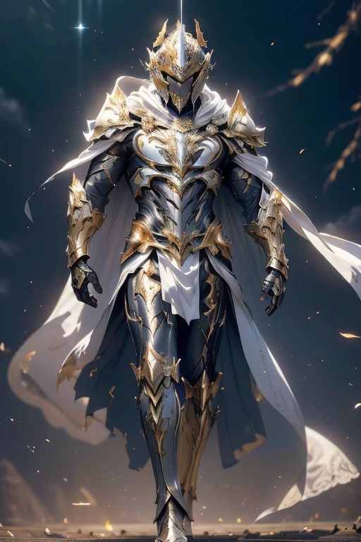 (master piece:1.5), (best quality:1.5), (exquisite lighting and shadow, highly dramatic picture, cinematic lens effect) (Photorealistic picture) highly detailed, realistic, cinematic lighting, studio quality, 8k, wallpaper, dynamic pose, anatomy correct, epic fantasy digital art, Epic composition, full body short black hair pale Male paladin wearing a white leather armor, shiny white intricate elaborated plate chest with gold lightnings accents small shoulder white armor with gold lightnings ornaments, white plate gauntlets with gold lightnings ornaments, no helmet, long white cape with gold lightnings ornaments, bright sunny day, great gold palace at the distance