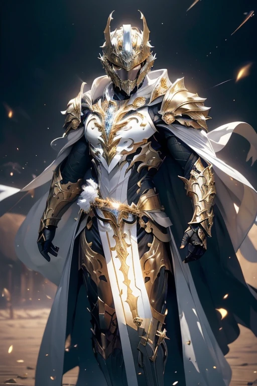 (master piece:1.5), (best quality:1.5), (exquisite lighting and shadow, highly dramatic picture, cinematic lens effect) (Photorealistic picture) highly detailed, realistic, cinematic lighting, studio quality, 8k, wallpaper, dynamic pose, anatomy correct, epic fantasy digital art, Epic composition, full body short black hair pale Male paladin wearing a white leather armor, shiny white intricate elaborated plate chest with gold lightnings accents small shoulder white armor with gold lightnings ornaments, white plate gauntlets with gold lightnings ornaments, no helmet, long white cape with gold lightnings ornaments, bright sunny day, great gold palace at the distance