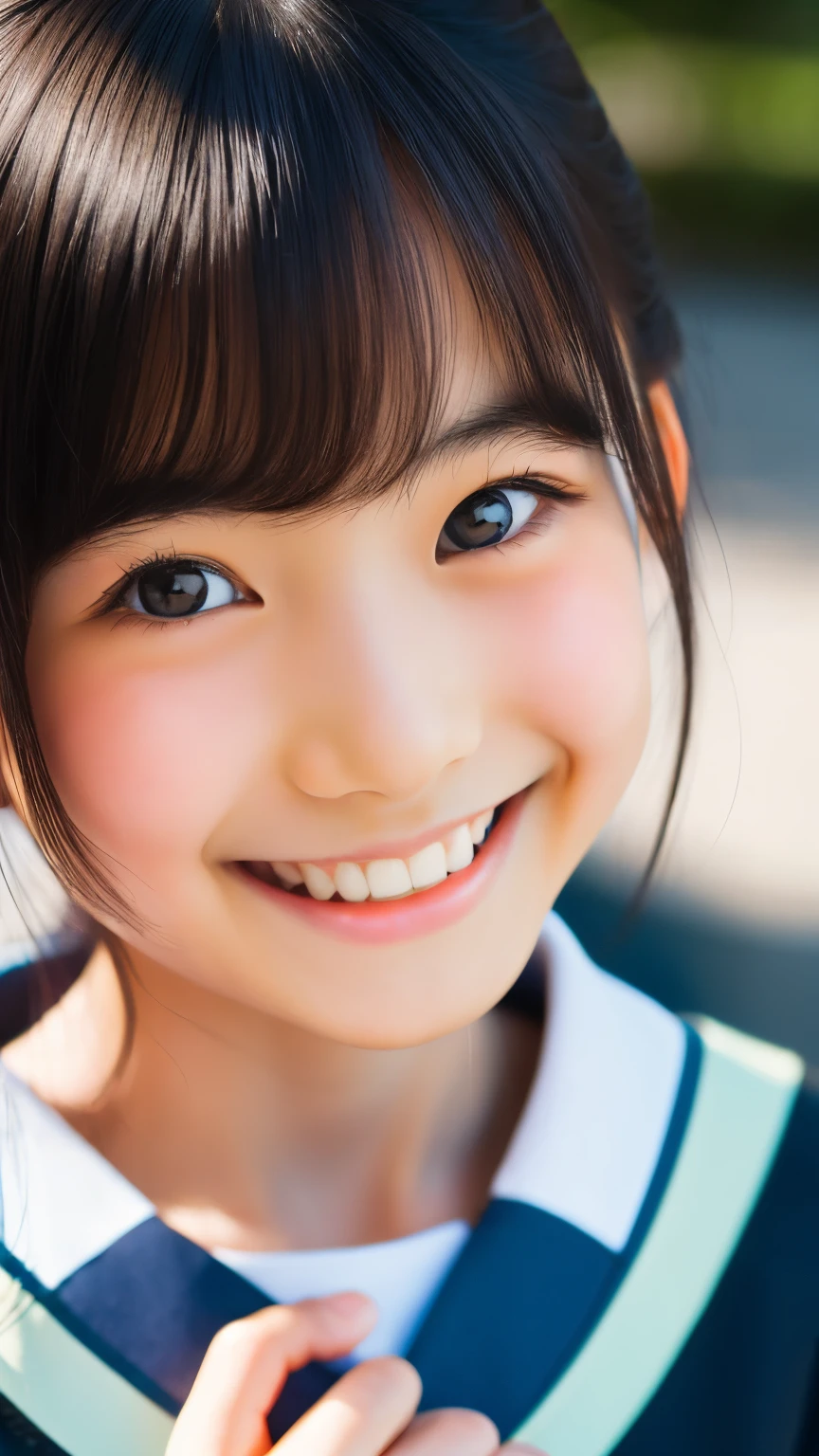 lens: 135mm f1.8, (highest quality),(RAW Photos), (Tabletop:1.1), (Beautiful Japanese Girl), Cute face, (Deeply chiseled face:0.7), (freckles:0.4), dappled sunlight, Dramatic lighting, (Japanese School Uniform), (On campus), shy, (Close-up shot:1.2), (smile),, (Sparkling eyes)、(sunlight)