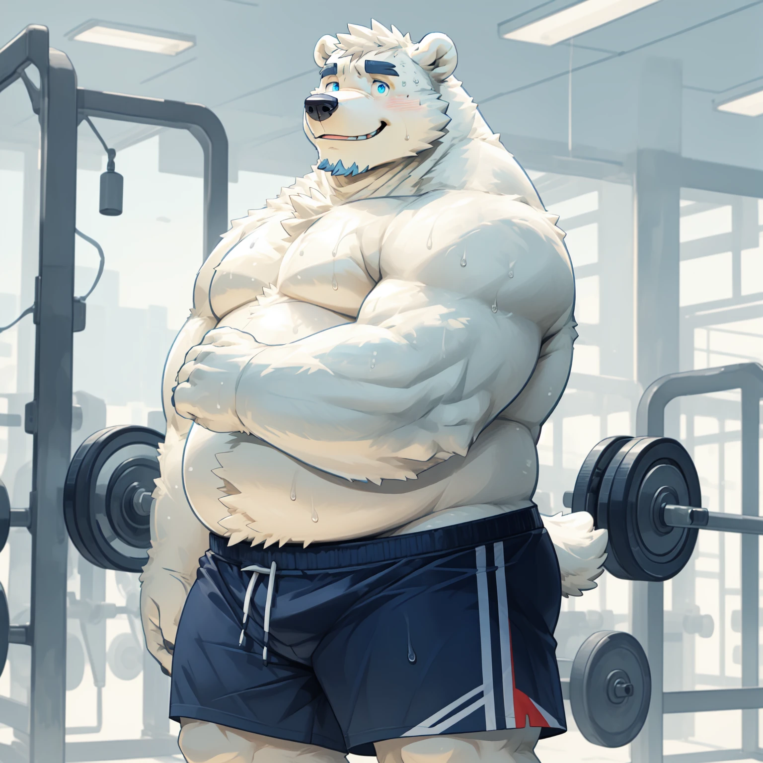 solo, 1boy, correct anatomy, perfect anatomy, (furry white bears, polar bear,) perfect proportion, big eyes, wide chest, bulky, bulk, bulge, happy. Huge Muscular polar bear at the gym working out,(blue shorts and wristbands), lifting two heavey dumbbells, view from front, pectoral, thick arms, huge pectoral, huge white fur, wide pectoral, gym fitness center background, masterpiece, semirealistic:1.2, high detailed, 8k, high resolution, perfect center, full view. ((really big muscle, massive muscular, sixpack, thick arms, wide pectoral, super huge muscle, hyper muscular, over sized muscle, huge arms, big arms, huge pectoral))