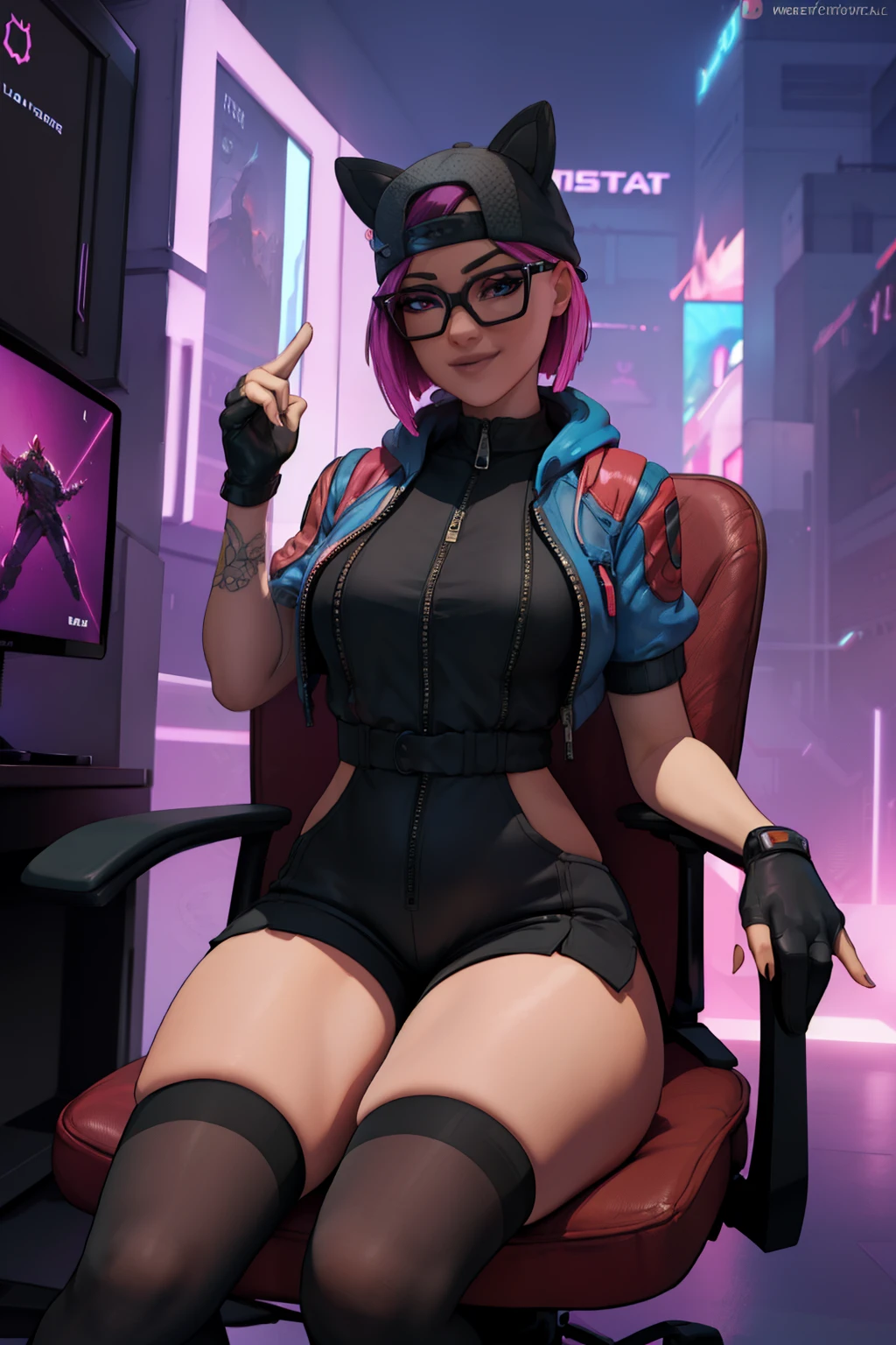 (masterpiece), (best quality),Gamer chair (solo), looking the viewer, cyberpunk, high detailed,extremely detailed,shorts with white 🤍 stockings, jacket, fine eyes, smile,dynamic pose, short pink hair,cap,fingerless glove,glasses.