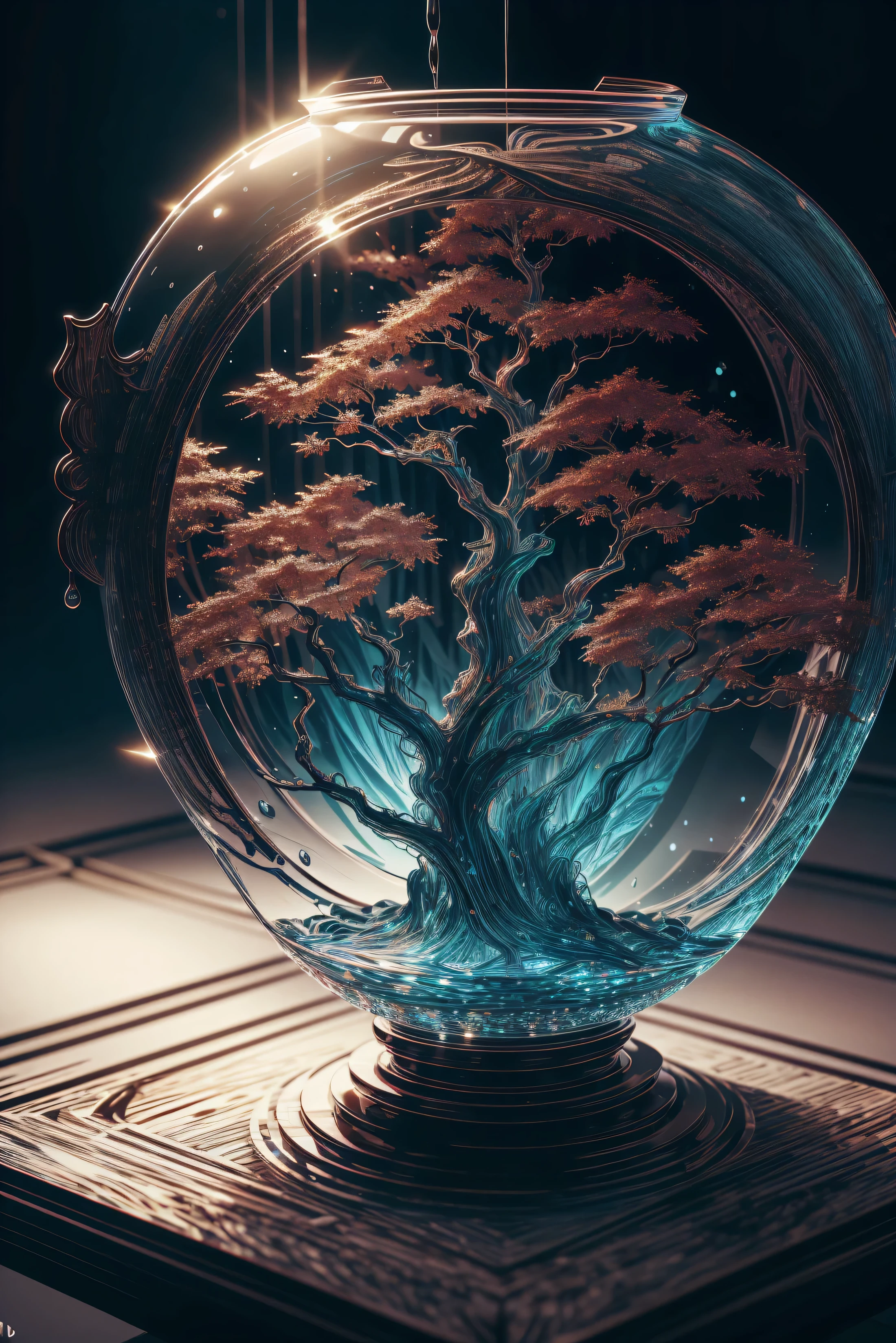 Ultra HD，The finest details, best quality，A glass sculpture masterpiece with a red maple tree inside, water, luminescent, fantasy, high quality, The finest details, best quality, ringing, 4K, 8k,