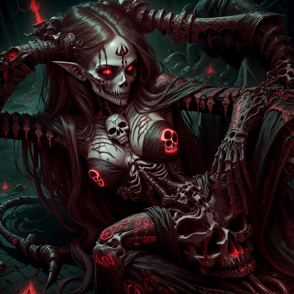 Perfect impure sexy horrific seductive terrific dead girl, skeleton face, beautiful detailed curved lips, dark skull makeup, long detailed messy hair,