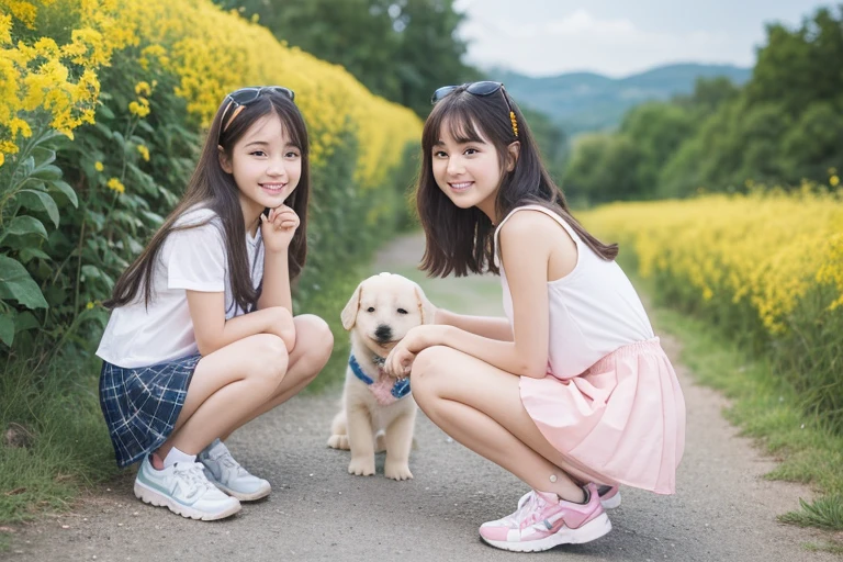 Highest quality,Very attractive with a backpack, (((Crouching and playing with a cute puppy))), Enjoy a lovely spring outing surrounded by beautiful yellow flowers and natural scenery. 1 girl,Cute face,smile,Mini skirt dress,Pink sneakers,The illustrations are in high resolution with 4K resolution., 12 year old girl with highly detailed facial features,Perfect hands,Perfect legs,
