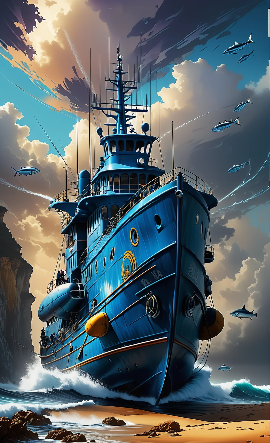 Nazare Notica Roll.2 - Fishing vessels and deep-sea submersibles, author:Luis Duarte, Nano punk, Blue shade, Nazaré style, elemental water, Mythical punk, graphic interface, space art, Science Fiction Art, Dark Influence, NijiExpress 3D v3, dynamic art, Data Mining, painting, Ink v3, splash style, Abstract Art, Abstract Technology, Network technology elements, Futurism, Epic Style, Diagram v3, Decorative influence, Airbrush style,