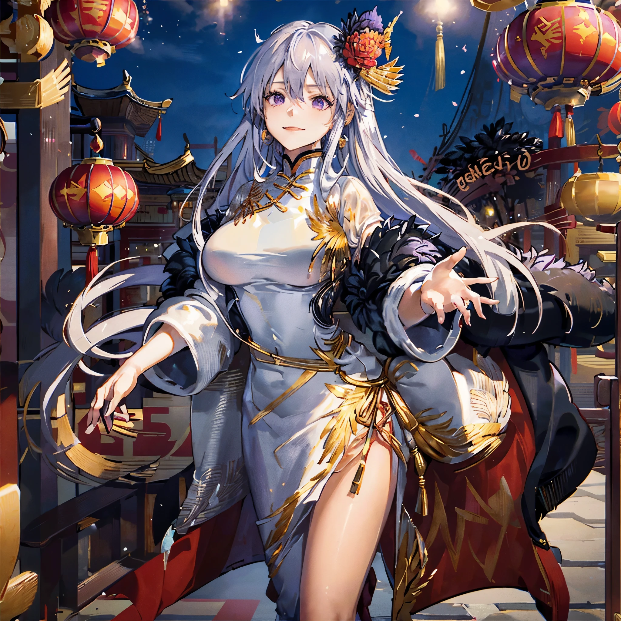 A woman wearing white traditional female Chinese costume with gold details, red heels, long silver hair, purple eyes, red flower in her hair, golden bow in her hair, wearing a black fur cape, walking in a traditional Chinese garden, smiling, big breasts, Chinese houses in the background, place at night, lighting with traditional Chinese lamps, full body, surrealism, drop shadow, anaglyph, stereogram, tachi-e, pov, atmospheric perspective, surrealism, flower, 8k, superdetail, accurate, best quality, UHD, anatomically correct, textured skin, high quality. (solo woman)
