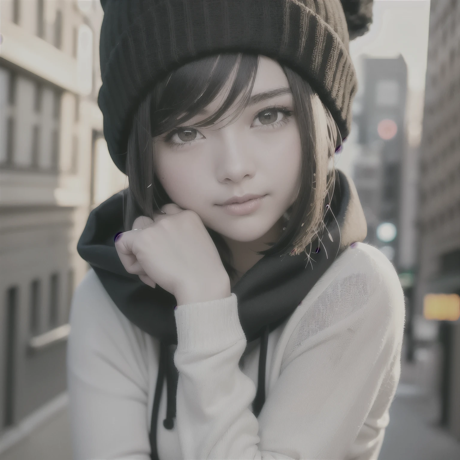 best quality, masterpiece, (realistic:1.2), 1 girl, black hair, short hair, dark eyes, wool beanie, detailed face, smile, beautiful eyes, wink, white shirt, hoodie, snowy city background, modelshoot style, (extremely detailed CG unity 8k wallpaper),modelshoot style, (extremely detailed CG unity 8k wallpaper),