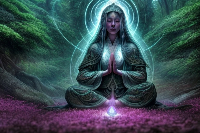 Monge meditando na floresta. vestes largas. Fantastic world. Sombras e silhuetas. Feeling of strength. high definition image, high detailing and dreamlike drawing style. Symbols of nature, OM, zen, mystic, cores vibrantes Imagem com pelo menos 300 dpi, HD, Digital art